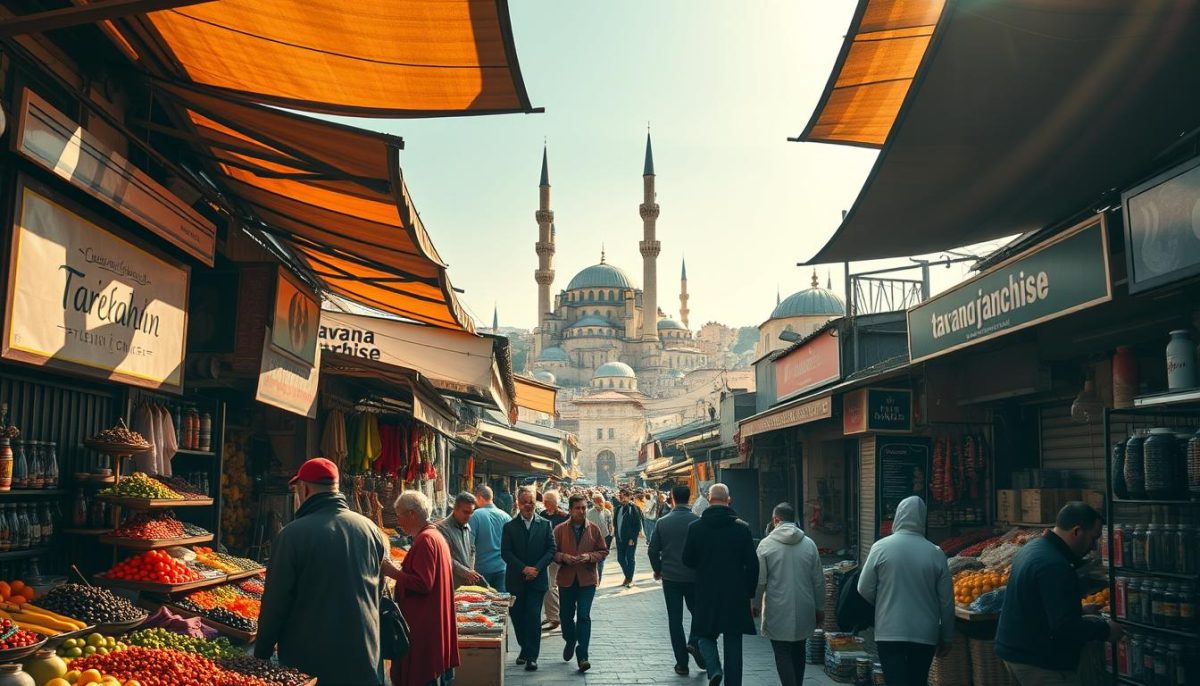 A bustling Turkish market landscape, alive with the vibrant colors and sounds of commerce. In the foreground, stalls brimming with fresh produce, spices, and handcrafted goods. Shopkeepers dressed in traditional attire haggle with customers, creating a lively atmosphere. In the middle ground, a maze of narrow streets lined with small businesses, including the "Tavana Franchise" storefront, showcasing its unique offerings. The background features towering minarets and domes, casting a warm, golden glow over the scene. Sunlight filters through the canopies, casting intricate shadows and highlighting the intricate architectural details. The overall mood is one of energy, authenticity, and the rich cultural heritage of Turkey's thriving marketplace.