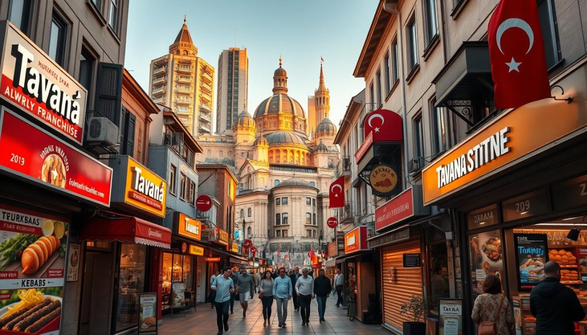 A bustling Turkish street scene, showcasing the thriving Tavana Franchise in the foreground. Vibrant shopfronts and signage displaying a variety of traditional Turkish cuisine, from steaming kebabs to freshly baked pide. In the middle ground, pedestrians stroll by, taking in the lively atmosphere. The background features a blend of historic architecture and modern high-rises, bathed in warm, golden light from the setting sun. A sense of energy and opportunity permeates the scene, capturing the essence of the Turkish food franchise industry.