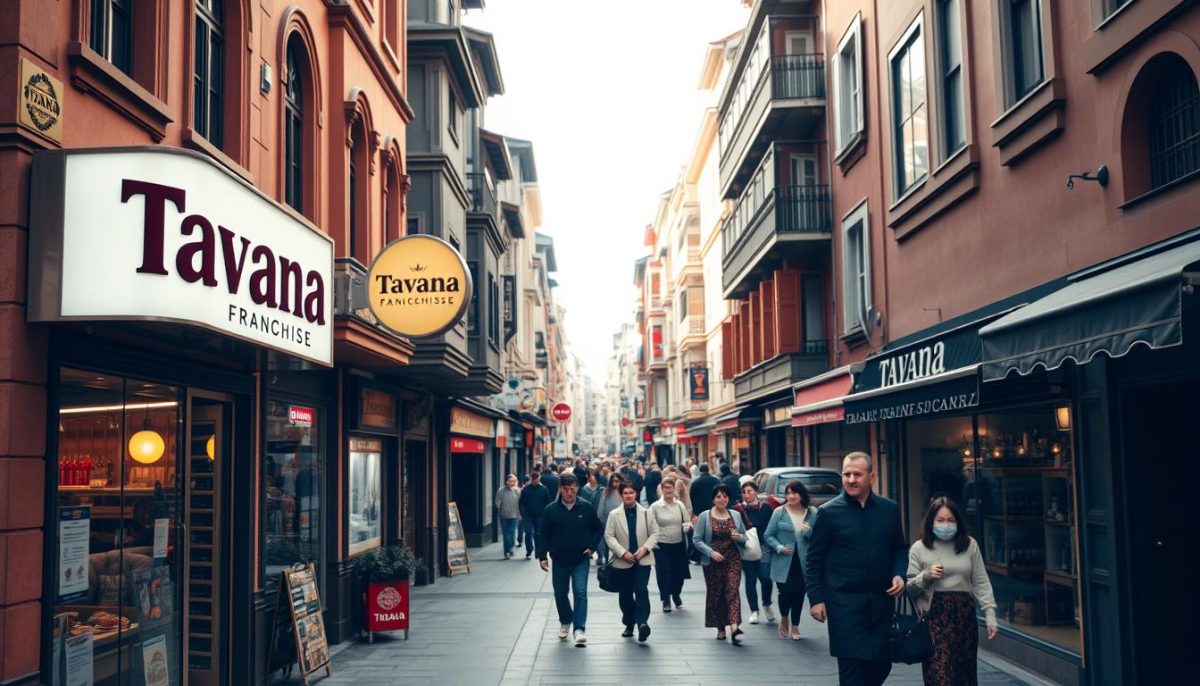A bustling Turkish street scene, with the distinctive signage and branding of the "Tavana Franchise" prominently displayed in the foreground. The building facades feature a warm, earthy color palette, with traditional architectural elements like arched windows and ornate cornices. In the middle ground, people in traditional Turkish attire stroll along the sidewalk, creating a lively, energetic atmosphere. The background is filled with other businesses and shops, hinting at the diverse commercial landscape of this thriving Turkish community. The lighting is soft and diffuse, creating a welcoming, inviting mood. The overall composition emphasizes the prominence and appeal of the Tavana Franchise, showcasing its integration within the vibrant, culturally rich environment of Turkey.
