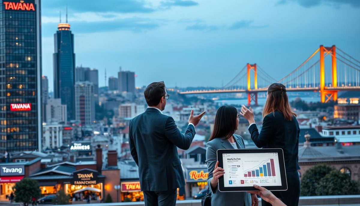 A bustling city skyline in Turkey, with the Tavana Franchise logo prominently displayed on a modern high-rise building. In the foreground, a group of business people in professional attire engage in a lively discussion, gesturing towards a tablet displaying market data and growth projections. The middle ground features a diverse array of local shops and restaurants, representing the vibrant entrepreneurial spirit of the Turkish market. In the background, the iconic Bosphorus Bridge and the silhouettes of historic landmarks create a visually striking contrast, evoking the blend of tradition and innovation that defines the country's business landscape. Soft, warm lighting casts a welcoming glow, conveying the sense of opportunity and potential for franchise success in Turkey. A bustling city skyline in Turkey, with the Tavana Franchise logo prominently displayed on a modern high-rise building. In the foreground, a group of business people in professional attire engage in a lively discussion, gesturing towards a tablet displaying market data and growth projections. The middle ground features a diverse array of local shops and restaurants, representing the vibrant entrepreneurial spirit of the Turkish market. In the background, the iconic Bosphorus Bridge and the silhouettes of historic landmarks create a visually striking contrast, evoking the blend of tradition and innovation that defines the country's business landscape. Soft, warm lighting casts a welcoming glow, conveying the sense of opportunity and potential for franchise success in Turkey.