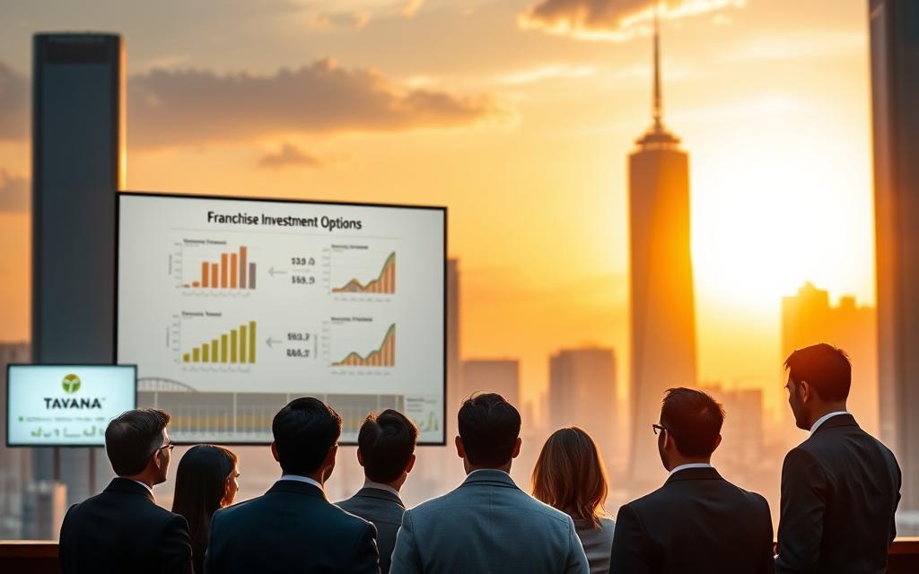 A bustling city skyline with towering skyscrapers, set against a warm, golden-hour sky. In the foreground, a group of prospective franchisees examines a detailed presentation on "Franchise Investment Options" - charts, graphs, and financial data projected onto a sleek, minimalist display. The Tavana Franchise logo prominently featured, conveying a sense of professionalism and expertise. The franchisees, dressed in business attire, appear engaged and thoughtful, considering the investment opportunities before them. The scene is lit by a combination of natural and artificial lighting, creating depth and dimension. The overall mood is one of opportunity, potential, and the excitement of entrepreneurship.