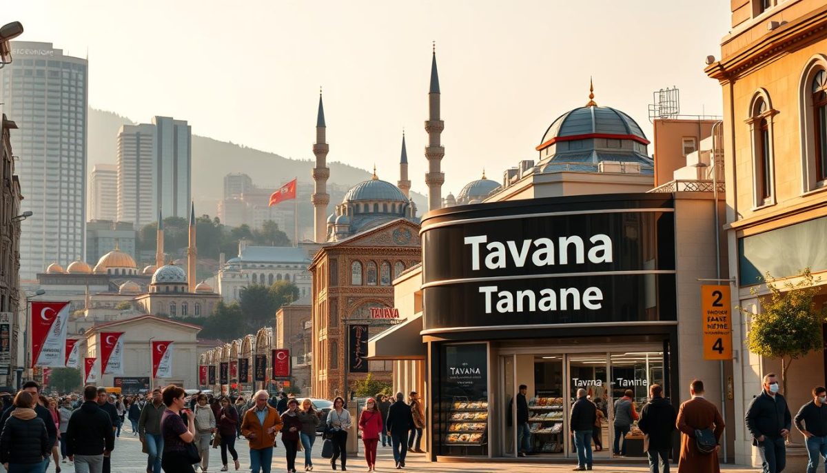 A bustling cityscape in Turkey, with towering skyscrapers and iconic mosques in the background. In the foreground, a vibrant street scene showcases the "Tavana Franchise" brand, featuring a modern storefront with a sleek, contemporary design. Passersby browse the displays, hinting at the diverse franchise opportunities available. The scene is bathed in warm, golden light, creating a welcoming and prosperous atmosphere. The image captures the dynamic intersection of traditional Turkish culture and thriving entrepreneurial spirit, inviting viewers to explore the franchise potential in this vibrant market.