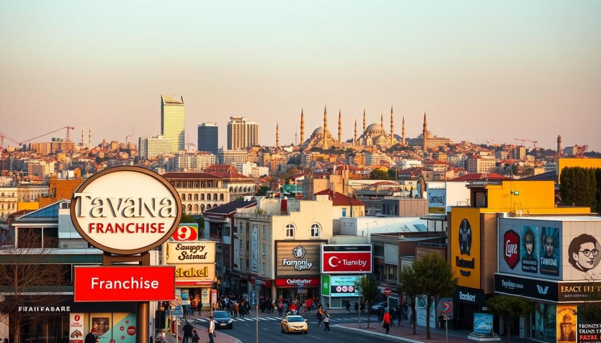 A bustling cityscape of Istanbul, Turkey, showcasing the prominent local franchise brands. In the foreground, the distinctive logo and signage of the "Tavana Franchise" stands out, its modern design and vibrant colors capturing the attention. The middle ground features a diverse array of other leading franchise brands, their storefronts and branding integrated seamlessly into the urban landscape. The background is dominated by the iconic skyline of Istanbul, with its towering skyscrapers and historic architectural landmarks bathed in warm, golden-hour lighting. The scene conveys a sense of energy, prosperity, and the thriving franchise ecosystem that has taken root in this dynamic Turkish metropolis.