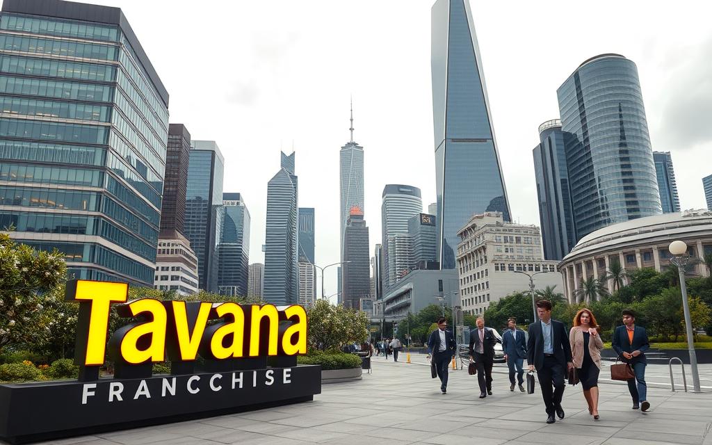 A bustling cityscape with the iconic skyscrapers of a thriving metropolitan area. In the foreground, a large sign displays the name "Tavana Franchise" in bold, modern lettering, illuminated by warm lighting that casts a welcoming glow. In the middle ground, well-dressed business professionals stroll along the sidewalks, carrying briefcases and exuding an air of success. The background is filled with a mix of sleek, contemporary buildings and lush greenery, creating a sense of balance and prosperity. The scene is captured through a wide-angle lens, conveying a sense of grandeur and scale, with a soft, diffused lighting that lends a sophisticated, aspirational atmosphere.