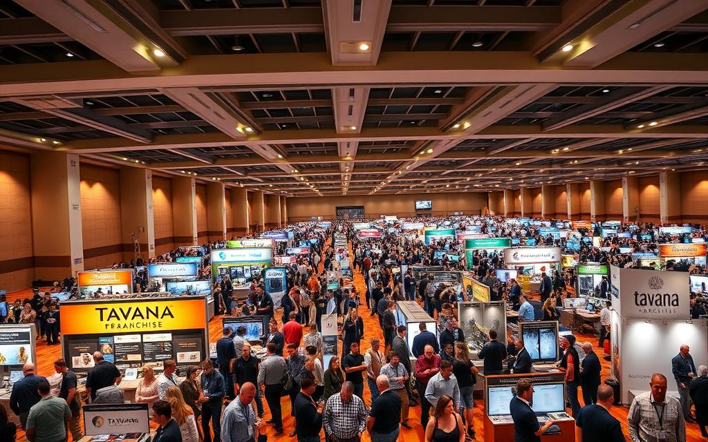 A bustling franchise convention hall, bathed in warm, inviting lighting. In the foreground, attendees mingle and browse the Tavana Franchise booth, examining their offerings with keen interest. In the middle ground, rows of exhibitor booths showcase a diverse array of franchise opportunities, each vying for the attention of prospective entrepreneurs. The background is a panoramic view of the convention center, its high ceilings and expansive layout creating a sense of energy and possibility. The overall atmosphere is one of excitement and opportunity, as individuals embark on their journey to discover their next business adventure.
