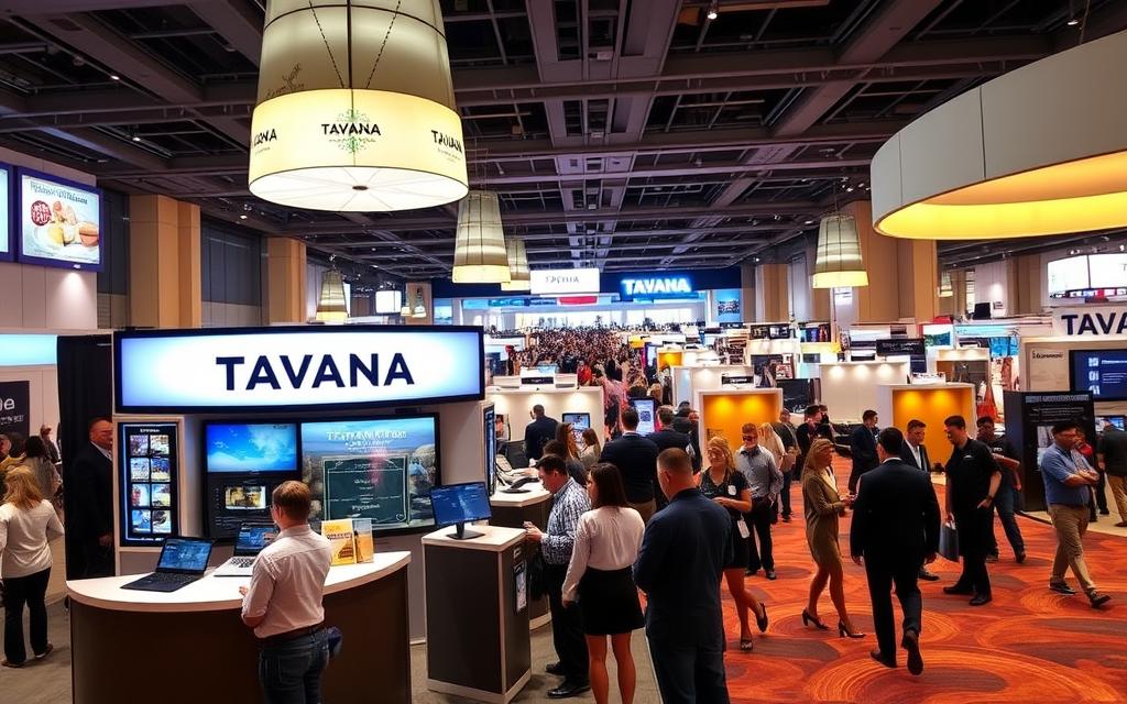 A bustling franchise expo event in a vibrant, modern convention center. In the foreground, a Tavana Franchise booth stands proudly, showcasing its offerings with sleek displays and helpful representatives. The middle ground features attendees mingling, studying franchise opportunities, and discussing their entrepreneurial dreams. The background is filled with a sea of booths, each representing a unique franchise concept, all illuminated by warm, inviting lighting that creates an atmosphere of energy and possibility. The scene conveys the excitement and potential of exploring franchise ownership, capturing the essence of the "Benefits of Attending a Franchise Expo".
