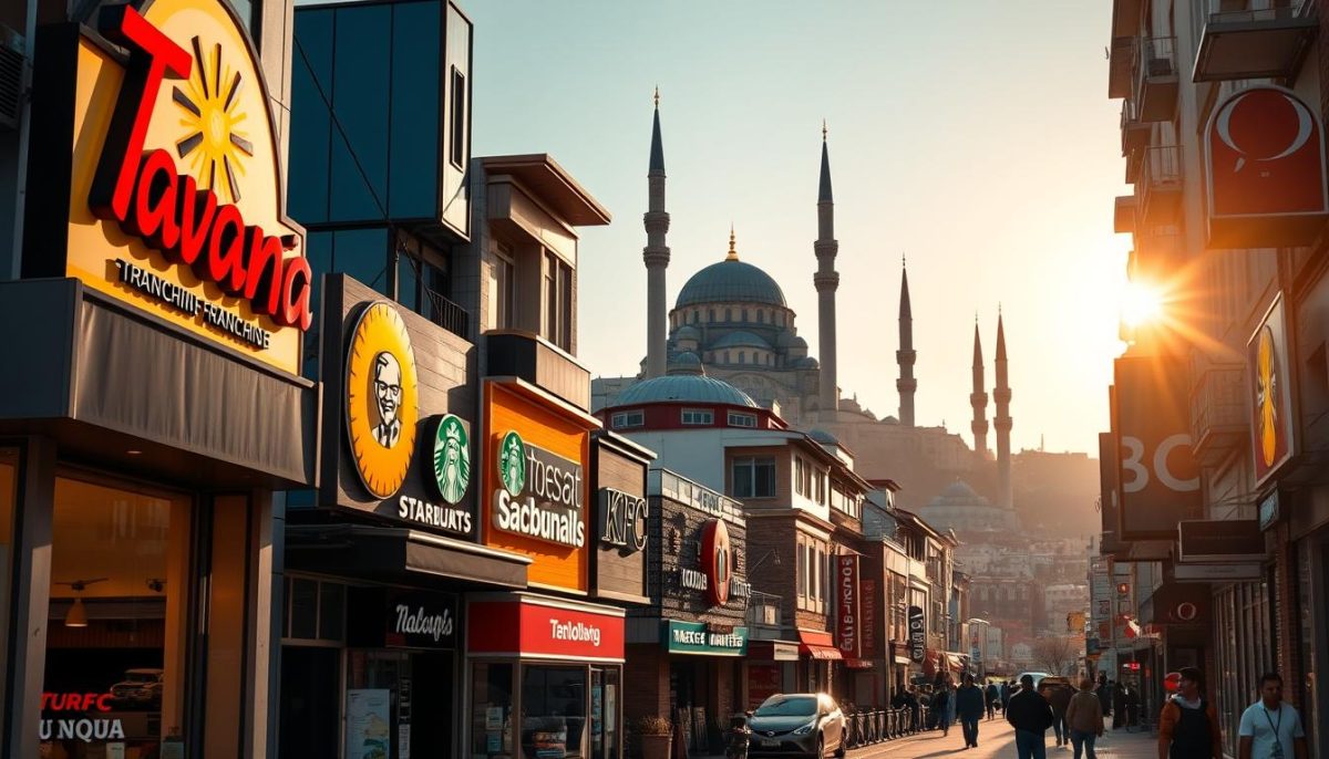 A bustling urban street in Turkey, with the sun-dappled facades of popular restaurant franchises lining the sidewalks. In the foreground, the iconic signage of the "Tavana Franchise" stands out, its warm lighting casting a welcoming glow. Middle-ground features a mix of global brands like McDonald's, Starbucks, and KFC, their vibrant logos and architectural styles blending harmoniously with the local architecture. In the background, towering minarets and domes of historic mosques create a picturesque cityscape, hinting at the rich cultural heritage. The scene exudes an energetic, cosmopolitan atmosphere, capturing the dynamic food and beverage landscape of Turkey.