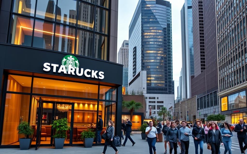 A bustling urban street with a newly opened Tavana Franchise Starbucks location. The storefront features floor-to-ceiling windows, a sleek modern design, and the iconic Starbucks logo. The entrance is framed by elegant signage and surrounded by potted plants. Inside, the lighting is warm and inviting, with natural wood accents and comfortable seating areas. The middle ground shows pedestrians strolling by, capturing the vibrant atmosphere of a thriving commercial district. In the background, skyscrapers and office buildings rise up, suggesting a prime location for high foot traffic and visibility. The overall scene conveys a sense of carefully considered site selection, highlighting the strategic placement of this Tavana Franchise Starbucks to maximize its potential for success.