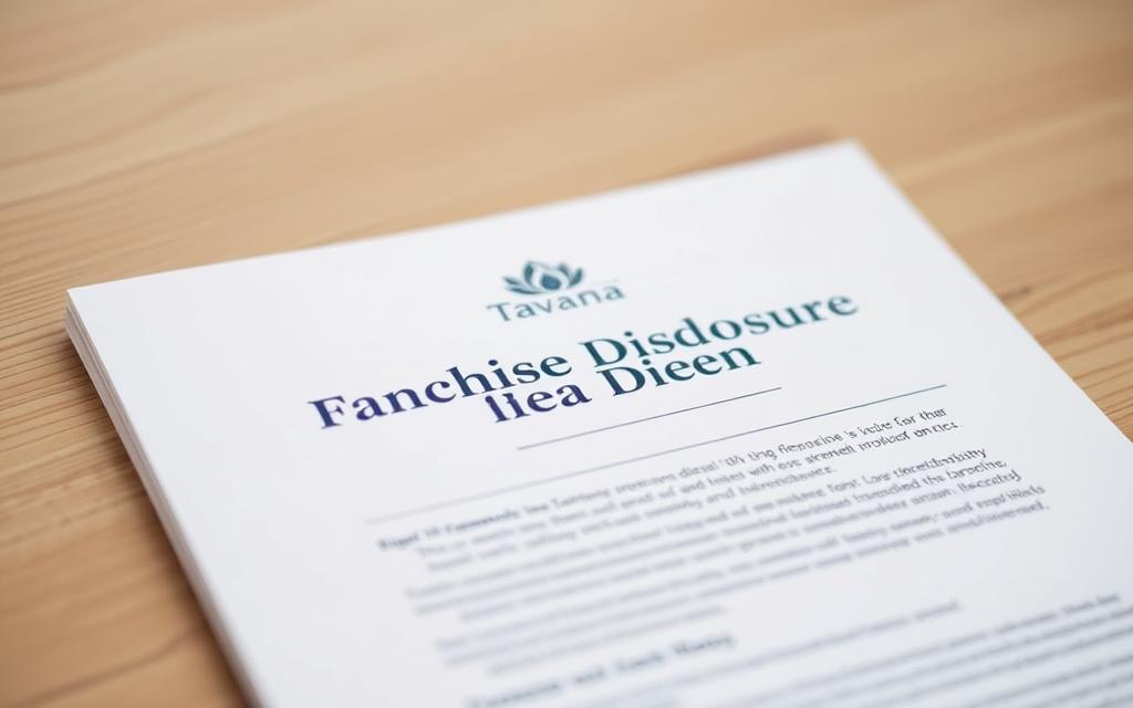 A clean, crisp document with the Tavana Franchise logo prominently displayed at the top. The document's pages are pristine white, with a classic serif font used for the title "Franchise Disclosure Document" in a deep navy blue. The pages are neatly organized, with clear section headings and bullet points, conveying a sense of professionalism and attention to detail. The lighting is soft and natural, with a slightly warm tone, creating a welcoming and trustworthy atmosphere. The overall composition places the document at the center, with a slight depth of field blurring the background, allowing the viewer to focus on the key information.