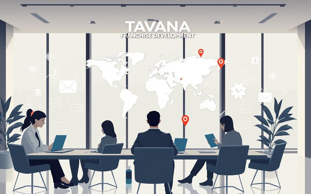 A contemporary, polished illustration showcasing the marketing strategies of the Tavana Franchise development company. In the foreground, a team of professionals collaborating on a digital marketing campaign, laptops and tablets in hand, surrounded by icons representing social media, email, and web analytics. In the middle ground, a stylized world map with pinpoints highlighting Tavana's global reach and expansion. The background features a sleek, minimalist office setting with large windows, allowing natural light to illuminate the scene. The overall mood is one of professionalism, innovation, and a focus on growth and development.