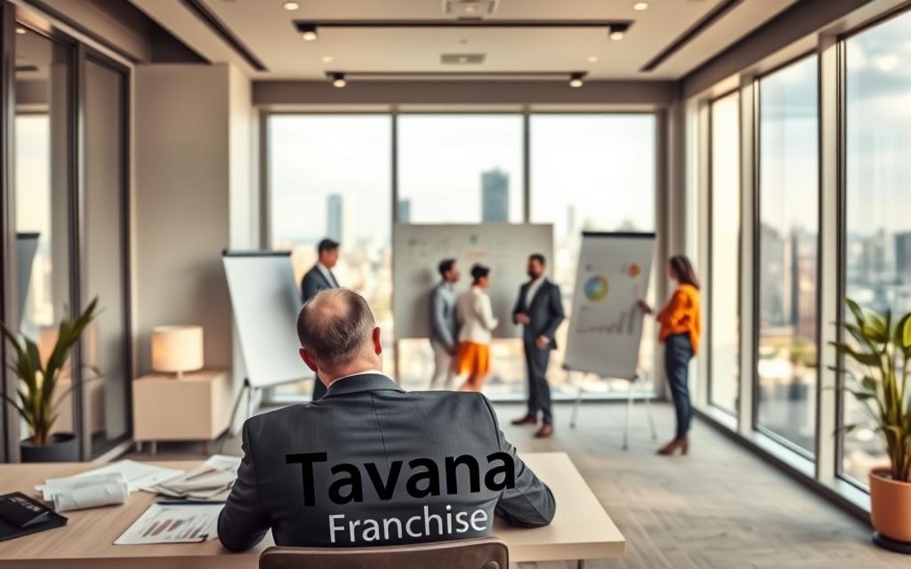 A cozy, modern office with a sleek, minimalist design. In the foreground, a businessman in a suit sits at a desk, studying documents and charts intently. On the desk, the "Tavana Franchise" logo is prominently displayed. The middle ground features a team of professionals collaborating on a large whiteboard, discussing growth strategies and plans. The background showcases floor-to-ceiling windows, letting in warm, natural light and providing a view of a bustling city skyline. The overall atmosphere conveys a sense of professionalism, innovation, and the potential for franchise growth and expansion.