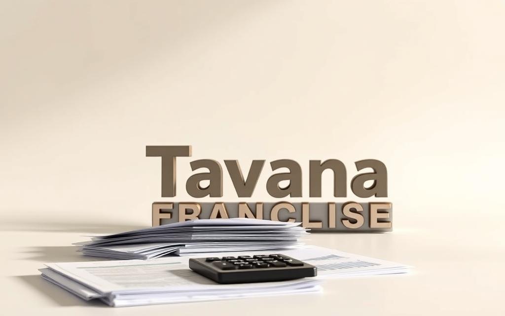 A detailed breakdown of franchise costs against a clean, minimalist backdrop. In the foreground, a stack of neatly organized documents and a calculator, suggesting careful financial analysis. In the middle ground, a 3D model of the "Tavana Franchise" logo, rendered in a muted, metallic tone to convey a sense of solidity and professionalism. The background is a simple, neutral-toned gradient, allowing the key elements to take center stage. Soft, directional lighting casts subtle shadows, adding depth and dimension to the composition. The overall mood is one of precision, clarity, and a focus on the essential details that prospective franchisees need to understand.