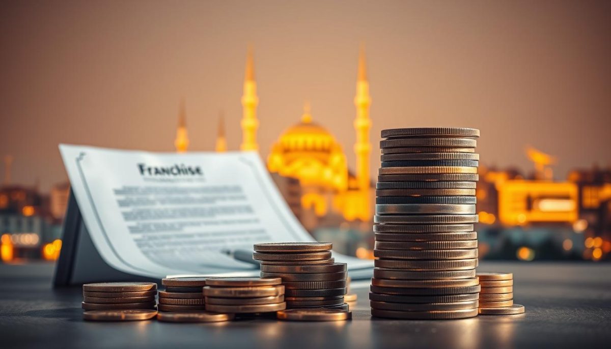 A detailed financial illustration of franchise costs in Turkey, featuring the Tavana Franchise brand. In the foreground, a stack of coins and bills, representing the initial investment required. In the middle ground, a contract or agreement, symbolizing the legal and administrative aspects. In the background, a stylized cityscape of Istanbul, conveying the vibrant business environment. The scene is illuminated by warm, golden lighting, creating a sense of prosperity and opportunity. The overall composition emphasizes the key financial considerations for prospective franchisees, captured through a clean, minimalist aesthetic.