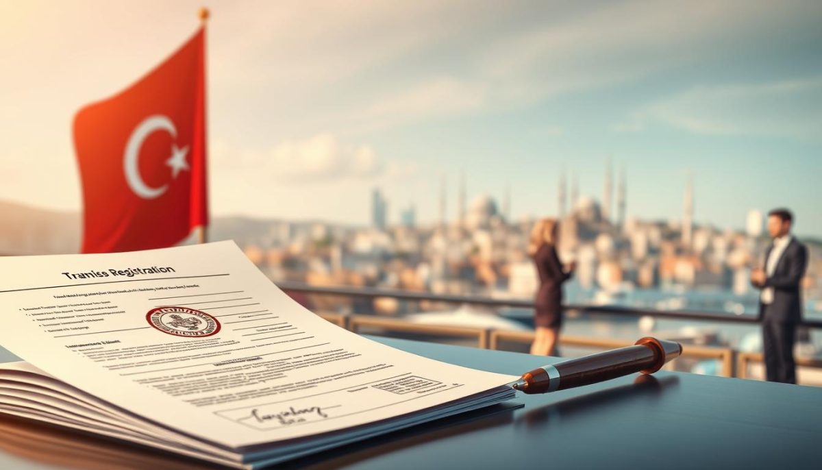 A detailed, technical illustration of the franchise registration process in Turkey, featuring the Tavana Franchise brand. In the foreground, a stylized representation of official documents, stamps, and signatures, conveying the legal and administrative aspects of the process. In the middle ground, a team of professionals, such as lawyers and accountants, guiding the prospective franchisee through the various steps. In the background, a cityscape of Istanbul, reflecting the vibrant business environment. The lighting is warm and professional, with a slightly cinematic quality, and the composition is balanced, highlighting the key elements of the registration process. The overall mood is one of professionalism, expertise, and the excitement of embarking on a new business venture.