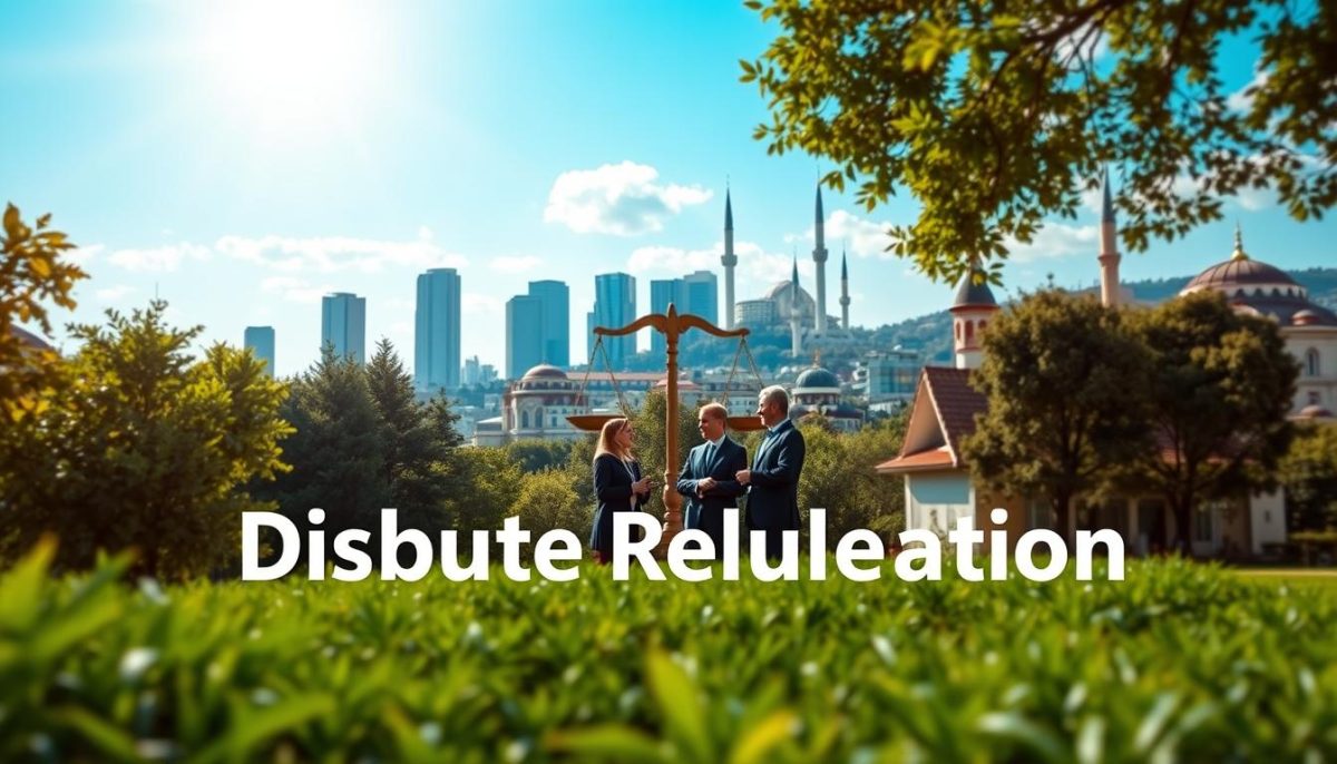 A dispute resolution mechanism in a lush, verdant setting under a bright, sun-dappled sky. In the foreground, the Tavana Franchise logo stands prominently, conveying a sense of authority and professionalism. Behind it, a scale-shaped structure symbolizes the balanced, impartial nature of the dispute resolution process. The middle ground features a group of people in business attire, engaged in a constructive dialogue, their gestures and expressions suggesting a collaborative, problem-solving atmosphere. In the background, a cityscape of modern high-rises and traditional Turkish architecture creates a harmonious blend of the old and new, reflecting the dynamic and evolving legal landscape of franchising in Turkey.