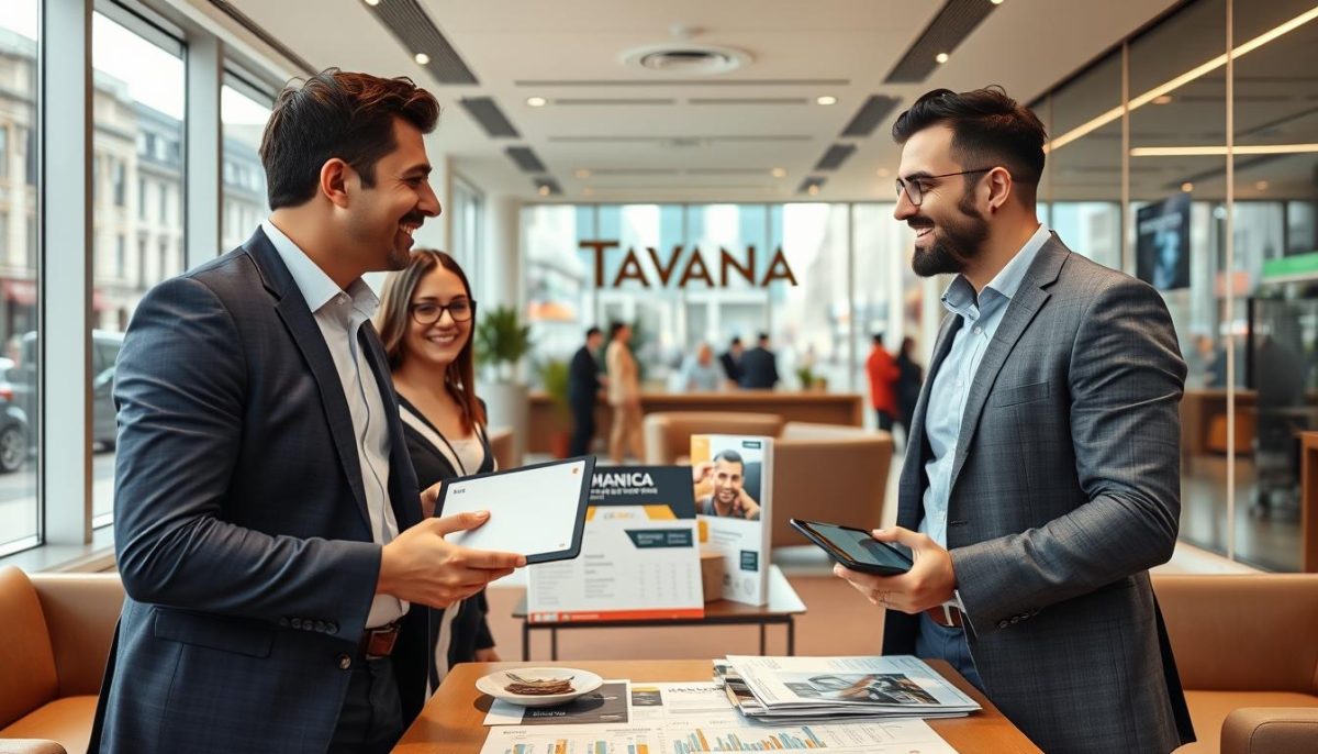 A modern and sleek office interior, filled with natural light and contemporary furniture, showcases the "Tavana Franchise" brand. In the foreground, a financial advisor discusses investment opportunities with a potential franchisee, their expressions conveying a sense of excitement and optimism. The middle ground features a display of franchise brochures and a tablet displaying financial data, underscoring the "Financing Your Franchise Investment" theme. The background depicts the bustling streets of Istanbul, hinting at the vibrant Turkish market and the potential for franchise growth. The overall atmosphere is one of professionalism, innovation, and the promise of a thriving franchise future.