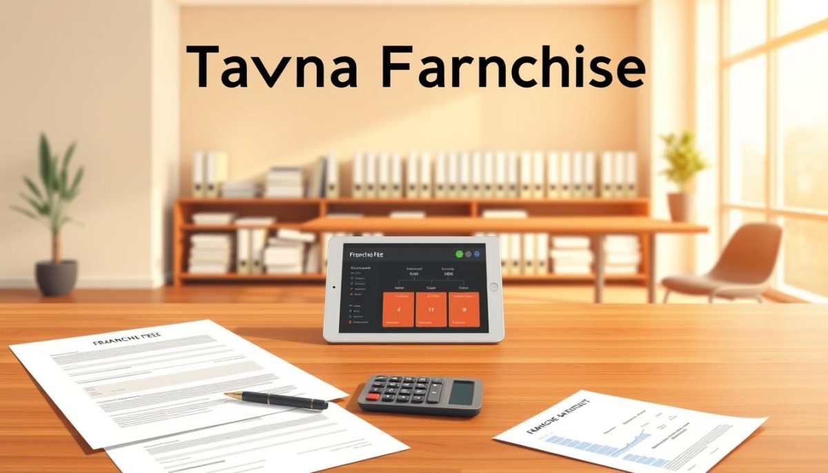 A modern, minimalist illustration showcasing the "Tavana Franchise" fees and payment structures. In the foreground, a polished wooden table displays various financial documents, including a contract, bank statements, and a calculator. The middle ground features an array of neatly organized folders, files, and a tablet displaying a visual breakdown of the franchise fee structure. The background is a warm, neutral-toned office setting, with a large window allowing natural light to flood the scene, creating a sense of transparency and professionalism. The overall composition conveys the key elements of a franchise's financial considerations, from initial fees to ongoing payments, in a clean and visually appealing manner.