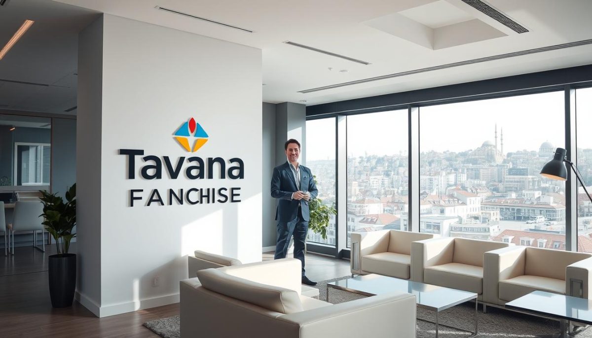 A modern, minimalist office interior showcasing the "Tavana Franchise" low-cost business model in Turkey. A clean, airy reception area with large windows illuminating sleek furniture and professional decor. In the foreground, a stylized Tavana Franchise logo prominently displayed on the wall. The middle ground features a smiling franchise consultant in a crisp suit, discussing franchise opportunities with a prospective entrepreneur. The background depicts the vibrant urban landscape of Istanbul, hinting at the thriving economic opportunities available for low-cost franchises in Turkey.