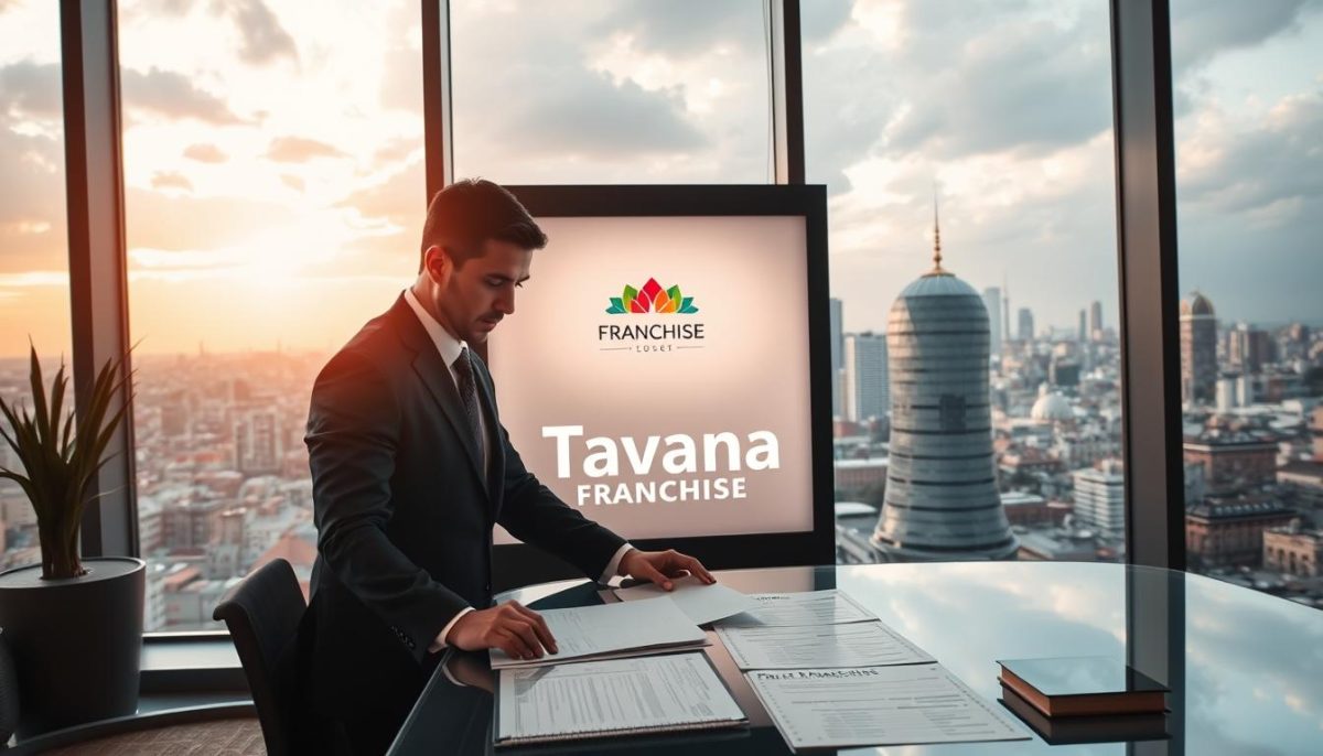 A modern office interior with a large window overlooking the city skyline of Istanbul, Turkey. In the foreground, a well-dressed businessman is reviewing documents on a sleek glass table, representing a franchise consultant. The middle ground features a display showcasing the "Tavana Franchise" brand, its logo prominently displayed. The background is filled with a vibrant cityscape, highlighting the bustling energy and economic potential of the Turkish market. The scene is illuminated by a warm, natural light, creating a professional and inviting atmosphere.