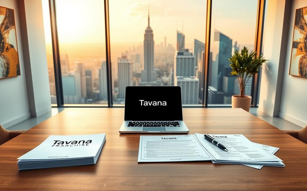 A modern office interior with a sleek, minimalist aesthetic. In the center, a large wooden desk with a laptop and documents showcasing the "Tavana Franchise" branding. Behind the desk, a floor-to-ceiling window overlooking a bustling city skyline, bathed in warm, golden lighting. On the desk, a stack of application forms and a pen, hinting at the franchise application process. The walls are adorned with abstract art, creating a professional yet inviting atmosphere. The scene conveys a sense of opportunity, progress, and the excitement of embarking on a new business venture.