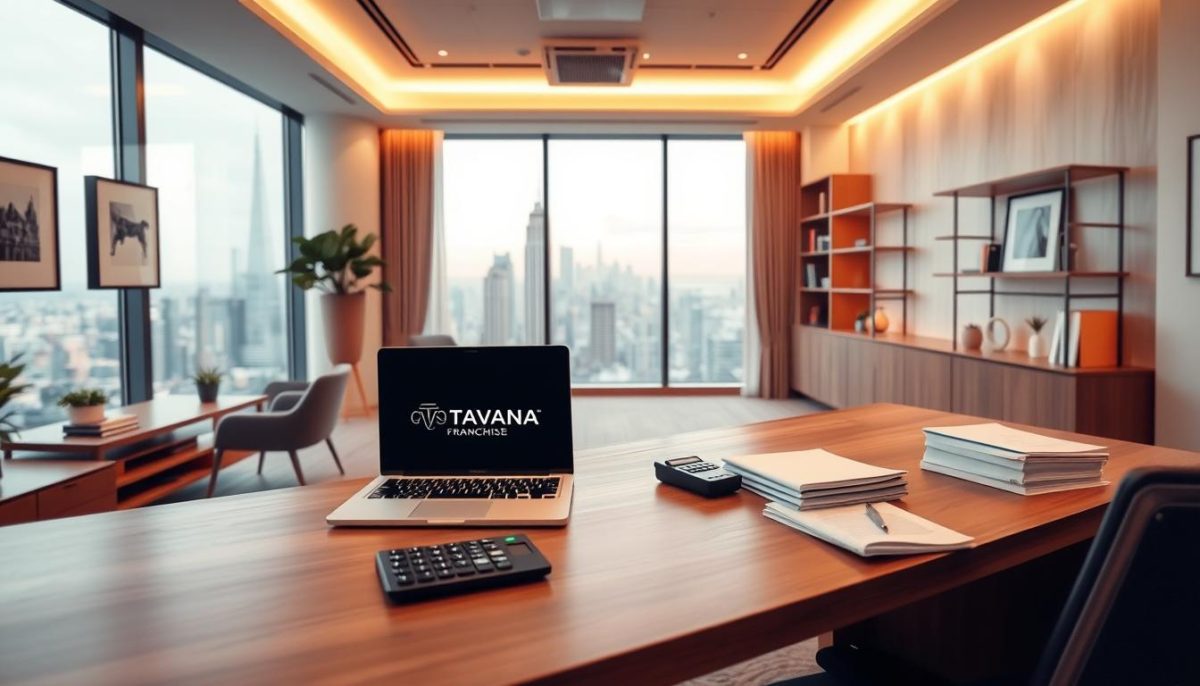 A modern office interior with minimalist decor and sleek furniture. In the foreground, a large wooden desk with a laptop, calculator, and stack of files. On the walls, framed artworks and minimalist shelving units. Soft, warm lighting from overhead fixtures casts a cozy ambiance. In the background, a panoramic window overlooking a bustling city skyline. The Tavana Franchise logo is prominently displayed on the desk. An atmosphere of efficiency and professionalism captures the operational expenses of running a successful franchise.