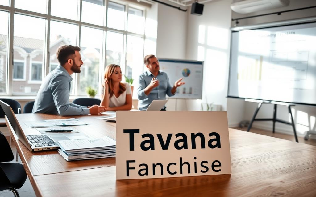 A modern office setting, filled with natural light streaming through large windows. In the foreground, a wooden conference table with various documents, a laptop, and a "Tavana Franchise" logo prominently displayed. Mid-ground, three people engaged in a discussion, gesturing animatedly as they review financial options. In the background, a whiteboard with handwritten notes and a projection screen displaying charts and graphs. The overall atmosphere is one of collaboration, professionalism, and a sense of financial planning and analysis.