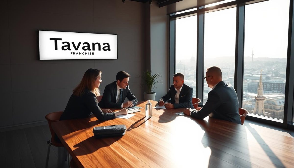A modern, sleek office interior featuring the Tavana Franchise logo prominently displayed on the wall. The room is filled with natural light from large windows, casting a warm glow over a group of prospective franchise investors engaged in a meeting around a polished wooden table. The atmosphere is professional yet inviting, with minimalist decor and a touch of sophistication. In the background, a cityscape of Istanbul can be seen through the windows, symbolizing the growth opportunities for the franchise in the Turkish market.