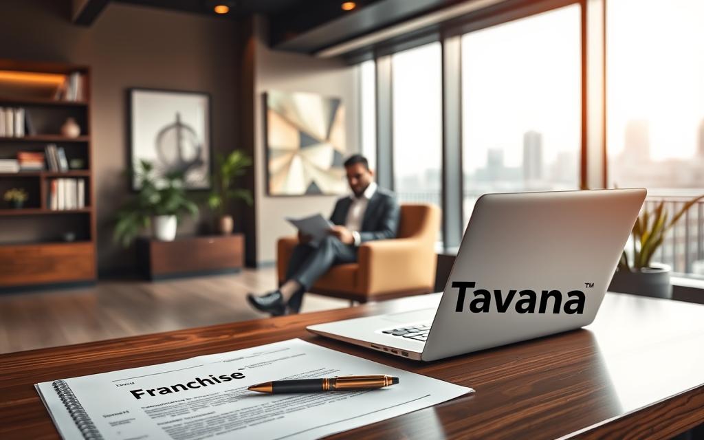 A modern, sleek office interior with a large window overlooking a cityscape. In the foreground, a polished wooden desk with a laptop, pen, and documents labeled "Franchise Financing". On the desk, a stylized "Tavana Franchise" logo prominently displayed. In the middle ground, a well-dressed businessperson sitting in a comfortable chair, reviewing financial documents. The lighting is warm and inviting, creating a professional yet approachable atmosphere. The background features a bookshelf, potted plants, and abstract artwork, conveying a sense of sophistication and success.