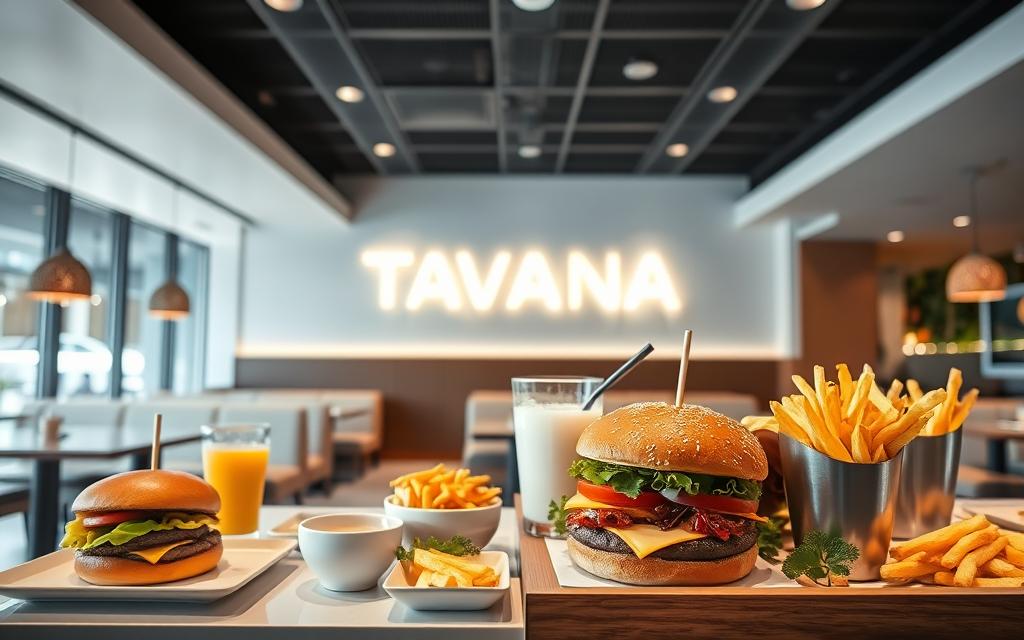 A modern, well-lit interior of a Tavana Franchise restaurant, showcasing the brand's signature design elements. In the foreground, a meticulously arranged display of burgers, fries, and drinks, capturing the high-quality and attention to detail of the Tavana menu. The middle ground features the sleek, minimalist seating area with clean lines and neutral tones, creating a welcoming and comfortable atmosphere. In the background, the Tavana Franchise logo is prominently displayed, reinforcing the brand's identity. The overall scene conveys a sense of professionalism, innovation, and the promise of a delightful dining experience. A modern, well-lit interior of a Tavana Franchise restaurant, showcasing the brand's signature design elements. In the foreground, a meticulously arranged display of burgers, fries, and drinks, capturing the high-quality and attention to detail of the Tavana menu. The middle ground features the sleek, minimalist seating area with clean lines and neutral tones, creating a welcoming and comfortable atmosphere. In the background, the Tavana Franchise logo is prominently displayed, reinforcing the brand's identity. The overall scene conveys a sense of professionalism, innovation, and the promise of a delightful dining experience.