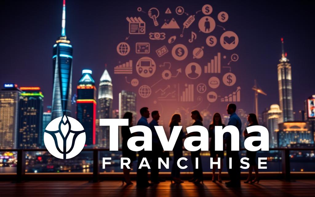 A neon-lit city skyline at night, with the "Tavana Franchise" logo prominently displayed in the foreground. In the middle ground, a group of diverse business people engaged in lively discussions, representing the various marketing strategies employed by the franchise. The background features a collage of franchising-related icons and symbols, such as handshakes, dollar signs, and growth charts, all illuminated by a warm, inviting glow. The overall scene conveys a sense of dynamism, collaboration, and the vast potential of franchise development.