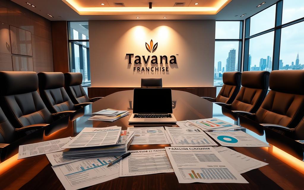 A sleek, modern office interior with a large, glossy conference table surrounded by plush executive chairs. The Tavana Franchise logo is prominently displayed on the wall behind the table, illuminated by a warm, overhead spotlight. The room is bathed in a soft, ambient light, creating a professional and inviting atmosphere. In the foreground, financial documents, spreadsheets, and a laptop are scattered across the table, hinting at the complex considerations involved in the franchise cost analysis. The middle ground features detailed infographics and charts, visualizing the various factors that influence franchise expenses. The background showcases a panoramic city skyline, emphasizing the broader business landscape in which the franchise operates.