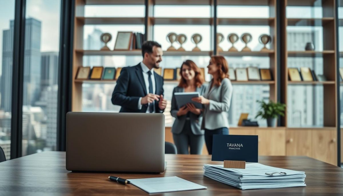 A sleek, modern office interior with a large window overlooking a bustling city skyline. In the foreground, a wooden desk with a laptop, pen, and a neatly stacked pile of documents. On the desk, a small sign displaying the "Tavana Franchise" logo. In the middle ground, two businesspeople in formal attire engaged in a lively discussion, gesturing towards the laptop. The background features shelves lined with books and awards, conveying a sense of professionalism and expertise. The lighting is soft and natural, creating a warm, inviting atmosphere. The camera angle is slightly elevated, providing a comprehensive view of the scene.