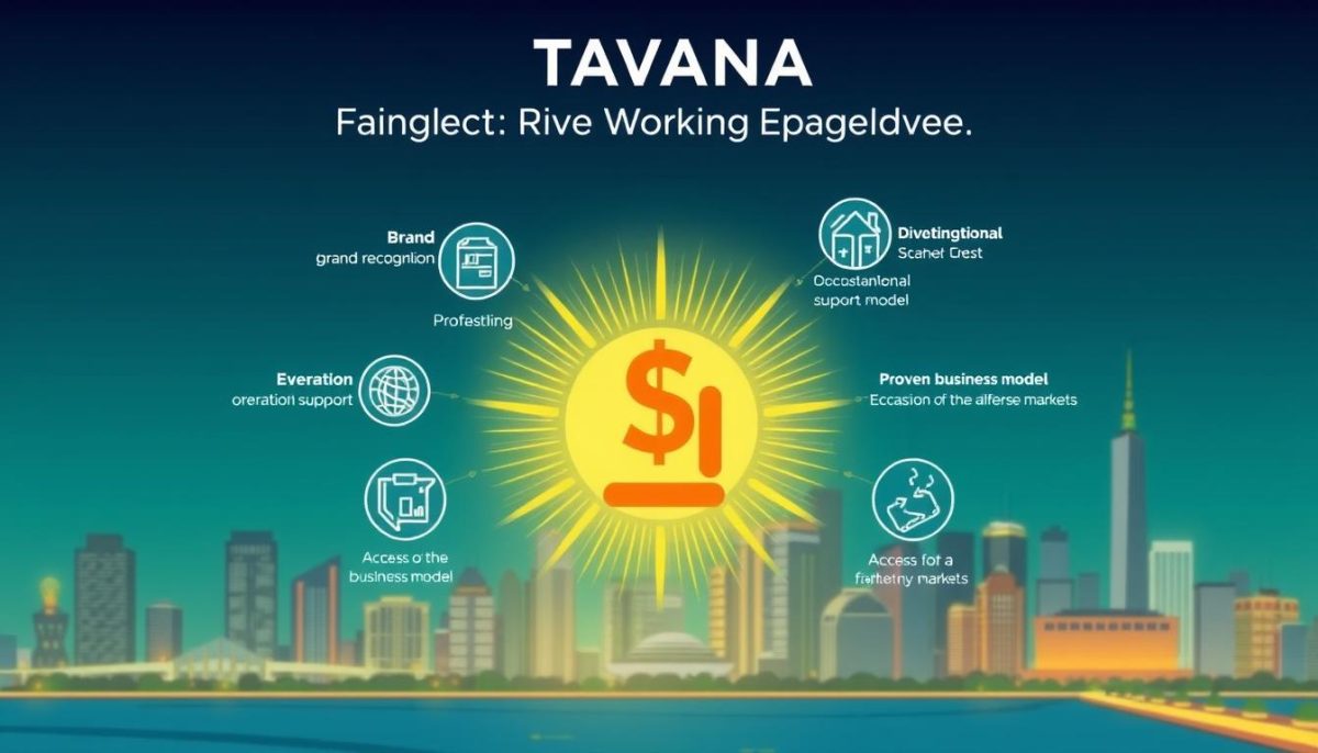 A vibrant and informative illustration showcasing the benefits of a Tavana Franchise investment. In the foreground, a stylized icon representing financial growth and profitability, with an aura of golden light surrounding it. In the middle ground, a series of icons depicting various advantages such as brand recognition, operational support, and access to a proven business model. The background features a cityscape, symbolizing the potential for expansion and success in diverse urban markets. The overall composition conveys a sense of opportunity, security, and the potential for a lucrative and rewarding franchise venture.