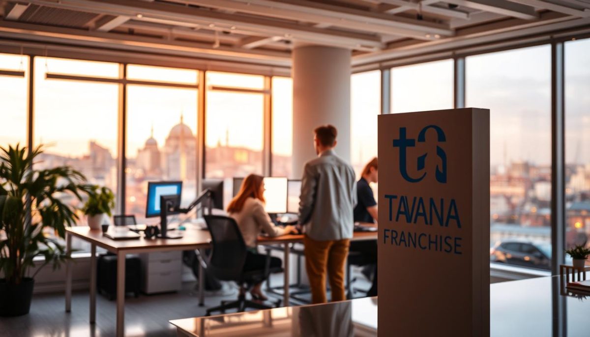 A vibrant and modern office setting, showcasing the growth of tech and IT services franchises in Turkey. In the foreground, the Tavana Franchise logo stands prominently, reflecting the brand's leading position in the industry. The middle ground features a team of professionals collaborating on cutting-edge digital projects, their faces lit by the glow of computer screens. In the background, a cityscape of Istanbul's skyline is visible through large windows, hinting at the urban landscape that fosters this thriving sector. The scene is bathed in a warm, inviting lighting, conveying a sense of productivity and innovation. The overall composition captures the dynamism and potential of the tech and IT services franchise opportunities in Turkey.