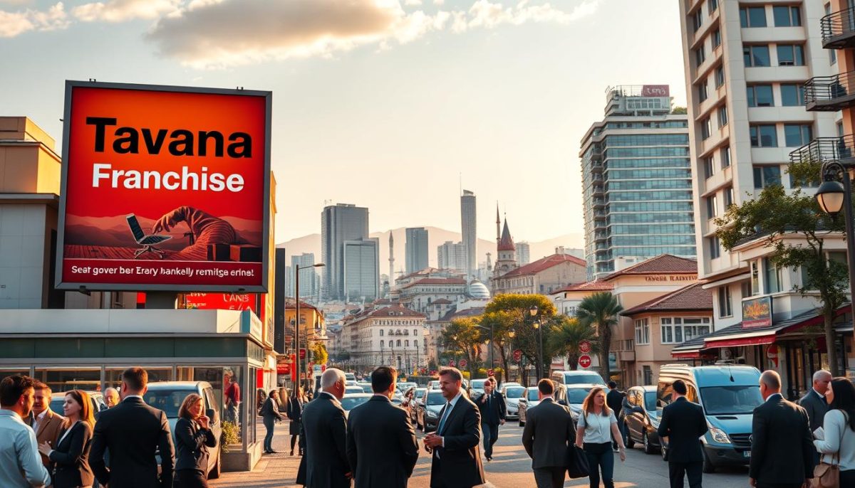A vibrant cityscape in Turkey, with a prominent billboard advertising "Tavana Franchise" opportunities. In the foreground, a group of businesspeople in professional attire engage in lively discussions, conveying a sense of opportunity and potential. The middle ground features a bustling street scene, with pedestrians and vehicles moving through the frame. In the background, a skyline of modern high-rise buildings and traditional architecture creates a dynamic contrast, suggesting a thriving economic landscape. The scene is bathed in warm, golden lighting, creating a sense of optimism and prosperity. The overall composition and attention to detail convey the market research and risk assessment aspects of the article's subject matter.