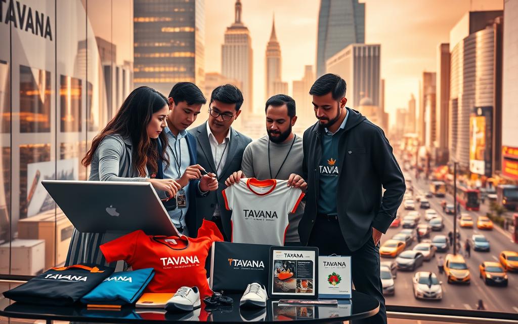 A vibrant, dynamic image showcasing the "Tavana Franchise" marketing strategies. In the foreground, a team of professionals collaborate on a sleek digital display, brainstorming innovative campaigns. The middle ground features branded merchandise, including stylish apparel and promotional items, reflecting the franchise's visual identity. In the background, a bustling cityscape sets the scene, with skyscrapers and busy streets, conveying the expansive reach and success of the franchise. The lighting is warm and inviting, creating a sense of energy and professionalism. The overall composition emphasizes the franchise's comprehensive marketing approach, blending digital and physical elements to captivate potential franchisees.