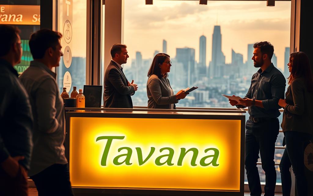 A vibrant, dynamic scene showcasing the Tavana Franchise opportunities. In the foreground, a warm, inviting storefront with the Tavana logo illuminated by soft, natural lighting. In the middle ground, potential franchisees engage in discussions, examining documents and shaking hands, conveying a sense of excitement and possibility. The background features a bustling city skyline, hinting at the diverse markets and growth potential of the Tavana brand. The overall atmosphere is one of optimism, opportunity, and the promise of entrepreneurial success.