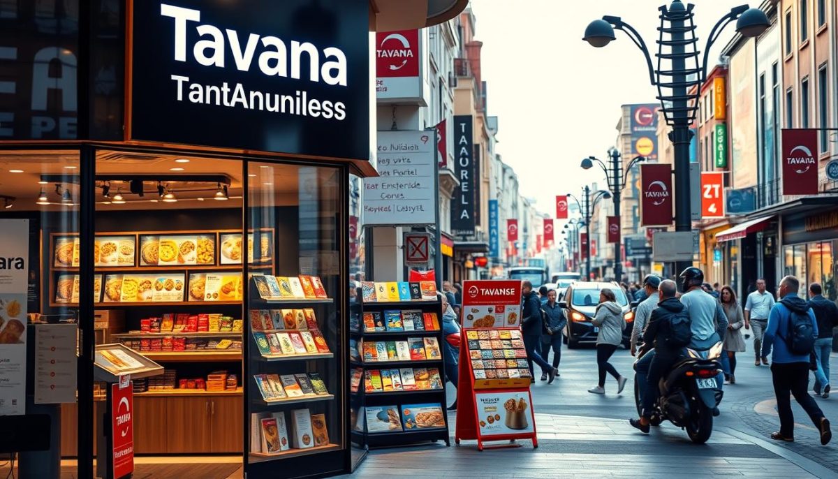A vibrant storefront display showcasing the "Tavana Franchise" brand, highlighting various franchise opportunities available for purchase in Turkey. The foreground features a sleek, modern design with eye-catching signage and branding elements. In the middle ground, colorful product displays and informational materials invite potential franchisees to explore the diverse business offerings. The background depicts a bustling Turkish streetscape, with pedestrians and vehicles creating a lively, energetic atmosphere. The lighting is warm and inviting, creating a welcoming ambiance that captures the excitement of starting a new franchise venture in this dynamic market.