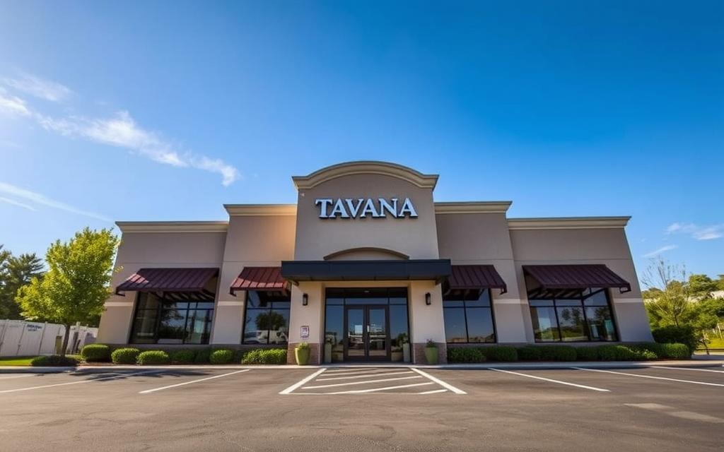 A well-lit and meticulously detailed exterior of a Tavana Franchise location, captured from a low-angle perspective to showcase the grand scale and architectural elements. The front facade features the iconic Tavana branding and signage, set against a backdrop of lush greenery and a clear blue sky. The parking lot is neatly organized, hinting at the efficiency and organization within. The overall scene conveys a sense of professionalism, success, and the potential for a thriving business venture. A well-lit and meticulously detailed exterior of a Tavana Franchise location, captured from a low-angle perspective to showcase the grand scale and architectural elements. The front facade features the iconic Tavana branding and signage, set against a backdrop of lush greenery and a clear blue sky. The parking lot is neatly organized, hinting at the efficiency and organization within. The overall scene conveys a sense of professionalism, success, and the potential for a thriving business venture.