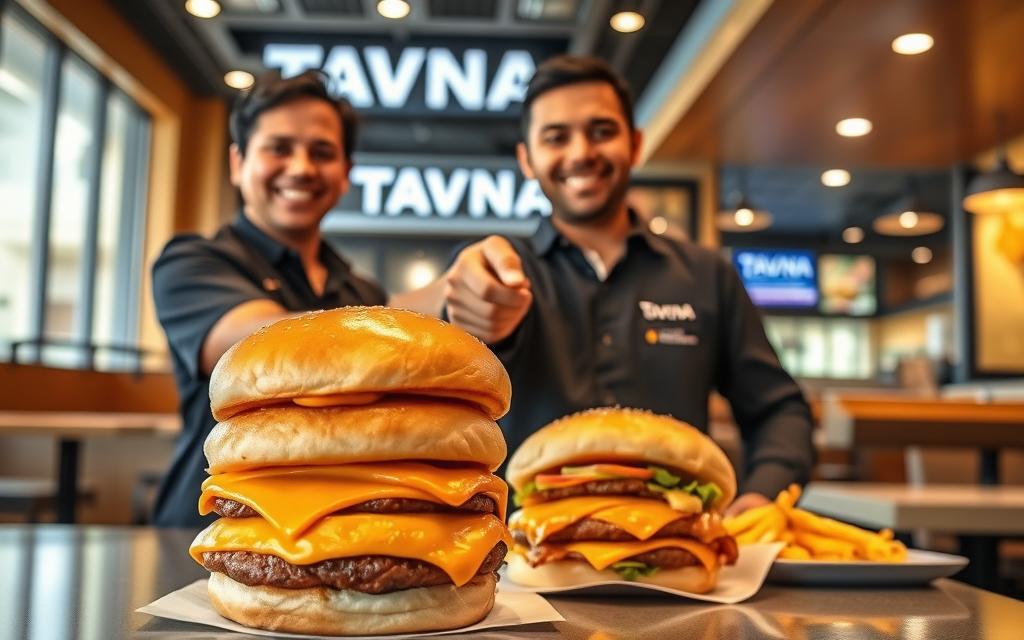 A well-lit, dynamic scene depicting the benefits of owning a Tavana Franchise. In the foreground, a stack of golden-brown burgers with glistening buns, cheese, and toppings takes center stage, symbolizing the high-quality products. In the middle ground, a smiling Tavana employee hands over the franchise keys to a beaming entrepreneur, highlighting the collaborative support. The background features a modern, stylish Tavana restaurant interior with clean lines, warm lighting, and a vibrant atmosphere, conveying the brand's inviting ambiance. The overall composition exudes a sense of opportunity, success, and the advantages of investing in this proven franchise. A well-lit, dynamic scene depicting the benefits of owning a Tavana Franchise. In the foreground, a stack of golden-brown burgers with glistening buns, cheese, and toppings takes center stage, symbolizing the high-quality products. In the middle ground, a smiling Tavana employee hands over the franchise keys to a beaming entrepreneur, highlighting the collaborative support. The background features a modern, stylish Tavana restaurant interior with clean lines, warm lighting, and a vibrant atmosphere, conveying the brand's inviting ambiance. The overall composition exudes a sense of opportunity, success, and the advantages of investing in this proven franchise.