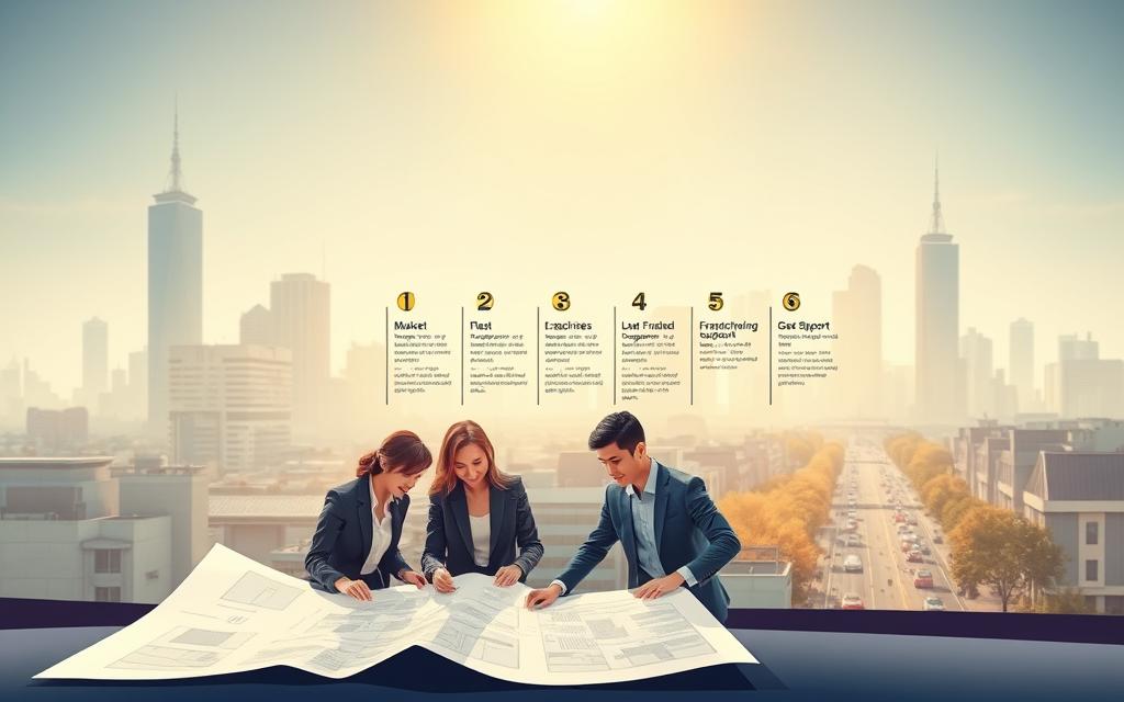 A well-lit, high-resolution illustration depicting the franchise development process. In the foreground, a team of business professionals collaborating on a blueprint, showcasing the Tavana Franchise brand. In the middle ground, a series of numbered steps illustrating the key stages of franchise expansion, from market research to franchisee recruitment and support. In the background, a cityscape with skyscrapers and busy streets, symbolizing the growth and reach of the franchise. The overall mood is one of strategic planning, innovation, and a sense of dynamic progress.