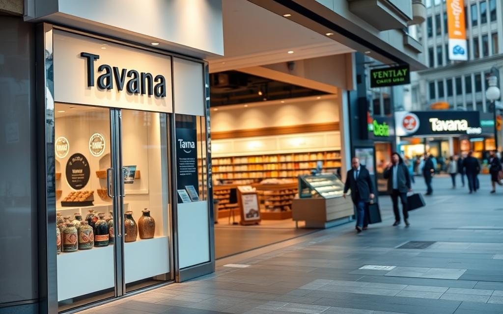 A well-lit, professional photograph of a Tavana Franchise business for sale. The foreground features an attractive storefront with a clean, modern design and Tavana's signature branding prominently displayed. The middle ground showcases a thriving retail space with neatly arranged shelves and displays, conveying a sense of opportunity and potential. The background depicts a bustling commercial district, with pedestrians and other businesses, suggesting a prime location with high foot traffic. The overall mood is one of excitement and possibility, inviting the viewer to envision themselves as the proud owner of this promising Tavana Franchise.
