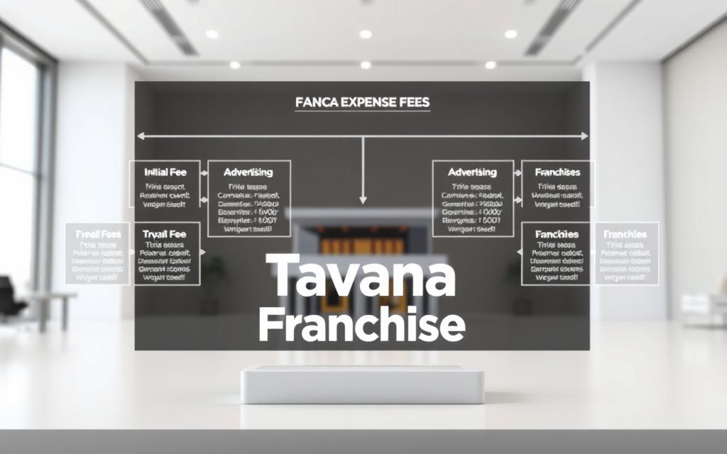 Detailed architectural schematic of franchise expenses, featuring a comprehensive breakdown of various fees. In the foreground, the "Tavana Franchise" logo is prominently displayed, surrounded by a neatly organized chart outlining essential costs such as initial franchise fee, royalties, advertising contributions, and training expenses. The middle ground showcases a 3D model of a modern, well-designed franchise location, conveying a sense of professionalism and success. The background is a sleek, minimalist office setting with clean lines and neutral tones, creating a sophisticated and aspirational atmosphere.