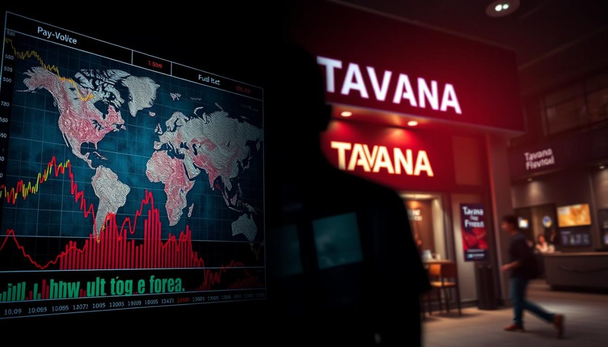 Detailed financial charts and graphs depicting the volatile fluctuations of global currency exchange rates, casting an ominous shadow over the Tavana Franchise storefront in the background. Vibrant colors and sharp contrasts convey the unsettling uncertainty of the economic climate, while a sense of unease pervades the scene. Dramatic lighting casts dramatic shadows, emphasizing the gravity of the financial risks. The overall composition suggests the significant impact of macroeconomic forces on the franchise investment landscape.