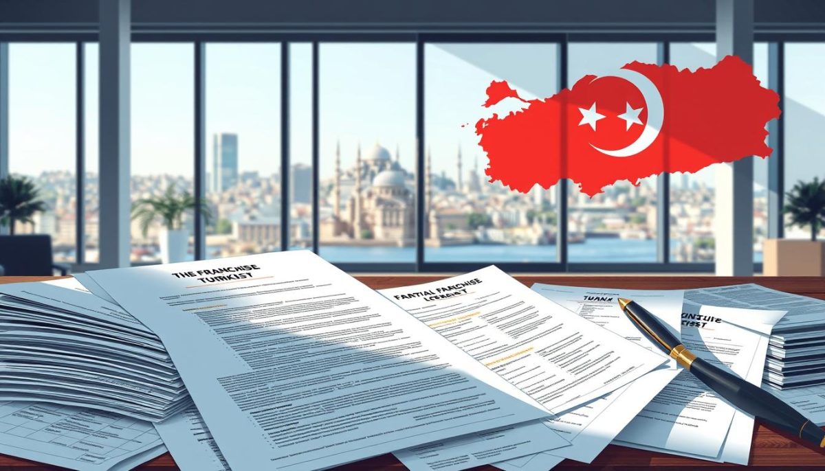 Detailed high-quality illustration of franchise costs in Turkey, featuring the Tavana Franchise brand. In the foreground, an array of financial documents, contracts, and legal paperwork. In the middle ground, a map of Turkey highlighting key franchise regulations and requirements. In the background, a modern office setting with a large window overlooking the Istanbul skyline, conveying a professional, authoritative atmosphere. The lighting is crisp and directional, casting subtle shadows that add depth and dimension. The overall scene communicates the legal complexities and financial considerations involved in franchising in Turkey.