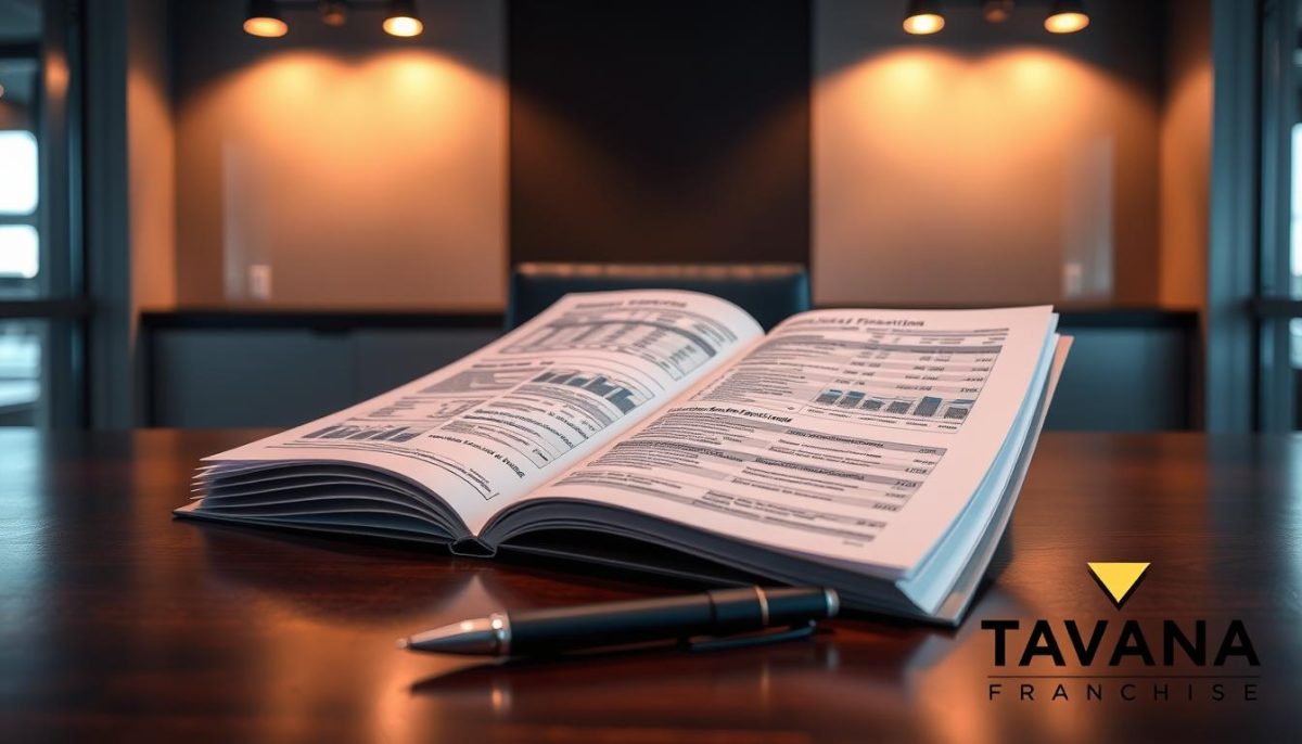 Franchise Disclosure Document Analysis, a detailed report showcasing the key financial and operational information of the Tavana Franchise. Set against a sleek, modern office backdrop, the document lies open on a mahogany desk, illuminated by warm, directional lighting. The pages reveal intricate charts, graphs, and legal terminology, conveying the comprehensive nature of the analysis. In the foreground, a pen and glasses suggest the close, thoughtful examination of the document, while the Tavana Franchise logo subtly adorns the corner. This image aims to capture the professionalism and rigor involved in evaluating a franchise opportunity, in line with the article's focus on finding the right fit.