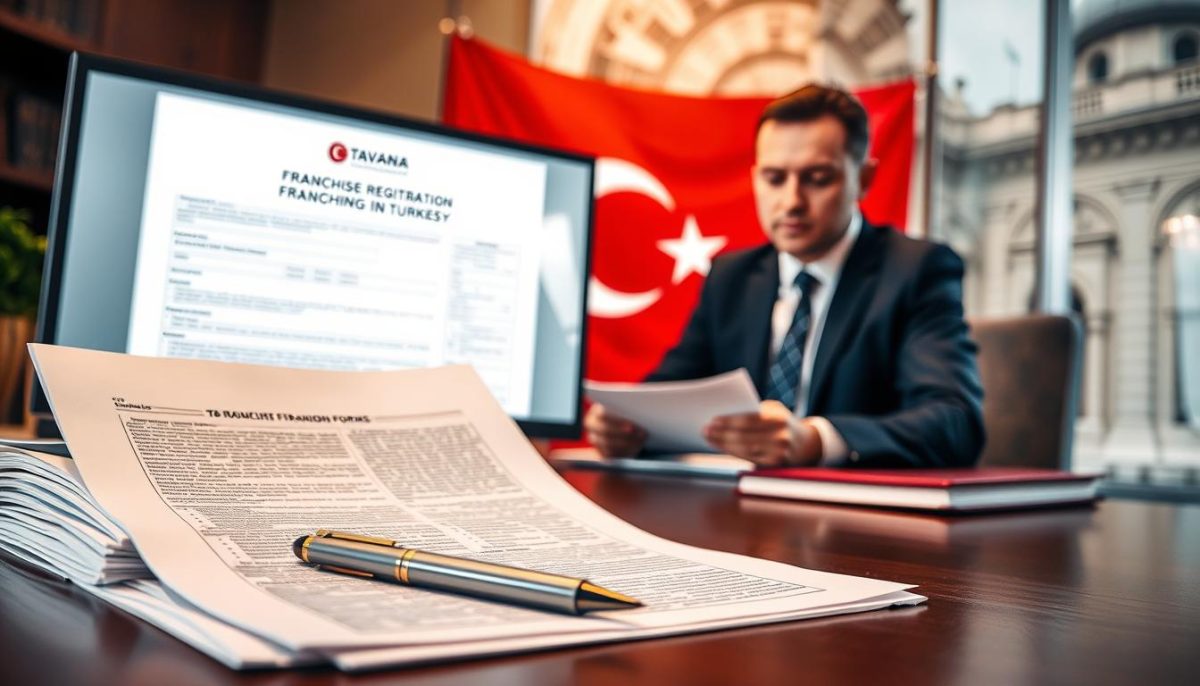 Franchise Registration in Turkey: A detailed document illustrating the legal requirements for franchising in Turkey, with the Tavana Franchise brand prominently displayed. The foreground shows a desk with a stack of official papers, a pen, and a computer monitor displaying a franchise registration form. The middle ground features a professional-looking business person in a suit reviewing the documents. The background showcases the Turkish flag and architectural elements, creating a sense of place. The lighting is soft and warm, conveying a professional and authoritative atmosphere. The camera angle is slightly elevated, providing a sense of importance and significance to the scene.