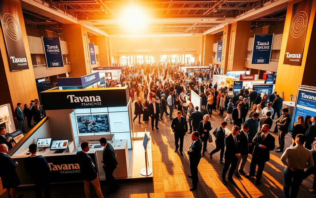 Franchise showcase: A grand exhibition hall, bathed in warm, golden light, showcasing the "Tavana Franchise" brand. In the foreground, a sleek, modern display booth invites visitors to explore the franchise's offerings, its design reflecting the brand's sophistication and innovation. The middle ground features a diverse array of entrepreneurs, executives, and aspiring business owners, engaged in animated discussions, exchanging ideas, and networking. In the background, a panoramic view of the expo, with towering banners, vibrant signage, and the bustling energy of a thriving entrepreneurial ecosystem. The overall atmosphere conveys a sense of opportunity, potential, and the promise of a successful franchise venture.