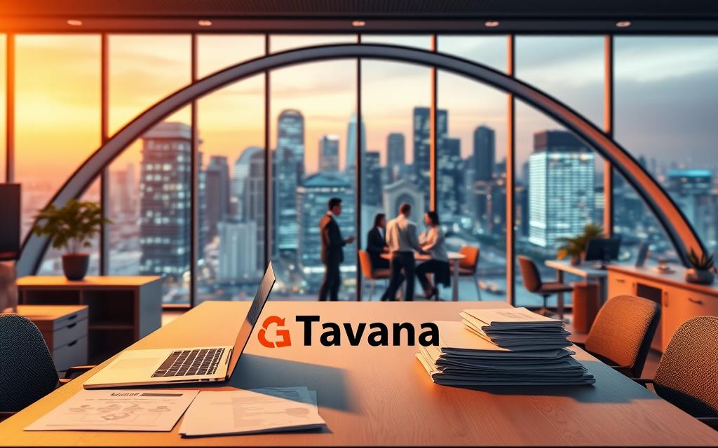 Highly detailed, three-dimensional illustration of the Tavana Franchise business model. A modern, stylized office interior, with a large, curved glass window overlooking a vibrant cityscape in the background. In the foreground, a neatly organized desk with a laptop, stacks of documents, and a Tavana Franchise logo prominently displayed. The middle ground features a group of business people in professional attire, engaged in a collaborative meeting, discussing the various aspects of the franchise model. Warm, directional lighting creates a sense of professionalism and productivity. The overall mood is one of growth, success, and the potential of a thriving franchise opportunity.