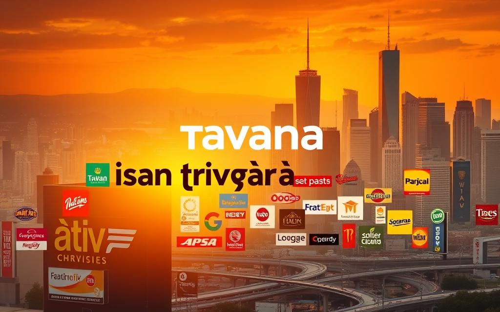 Leading franchise companies, showcasing the Tavana Franchise brand prominently in the foreground, set against a dynamic cityscape backdrop. The Tavana logo stands tall, illuminated by warm, directional lighting that casts dramatic shadows across the scene. In the middle ground, a diverse array of franchise logos and signage from various industries - from fast food to retail to services - convey the breadth and growth of the franchising ecosystem. The background features a bustling metropolis, with skyscrapers and infrastructure suggesting the scale and momentum of the franchise industry. The overall composition and color palette evoke a sense of progress, opportunity, and the promising future of franchising in 2023.